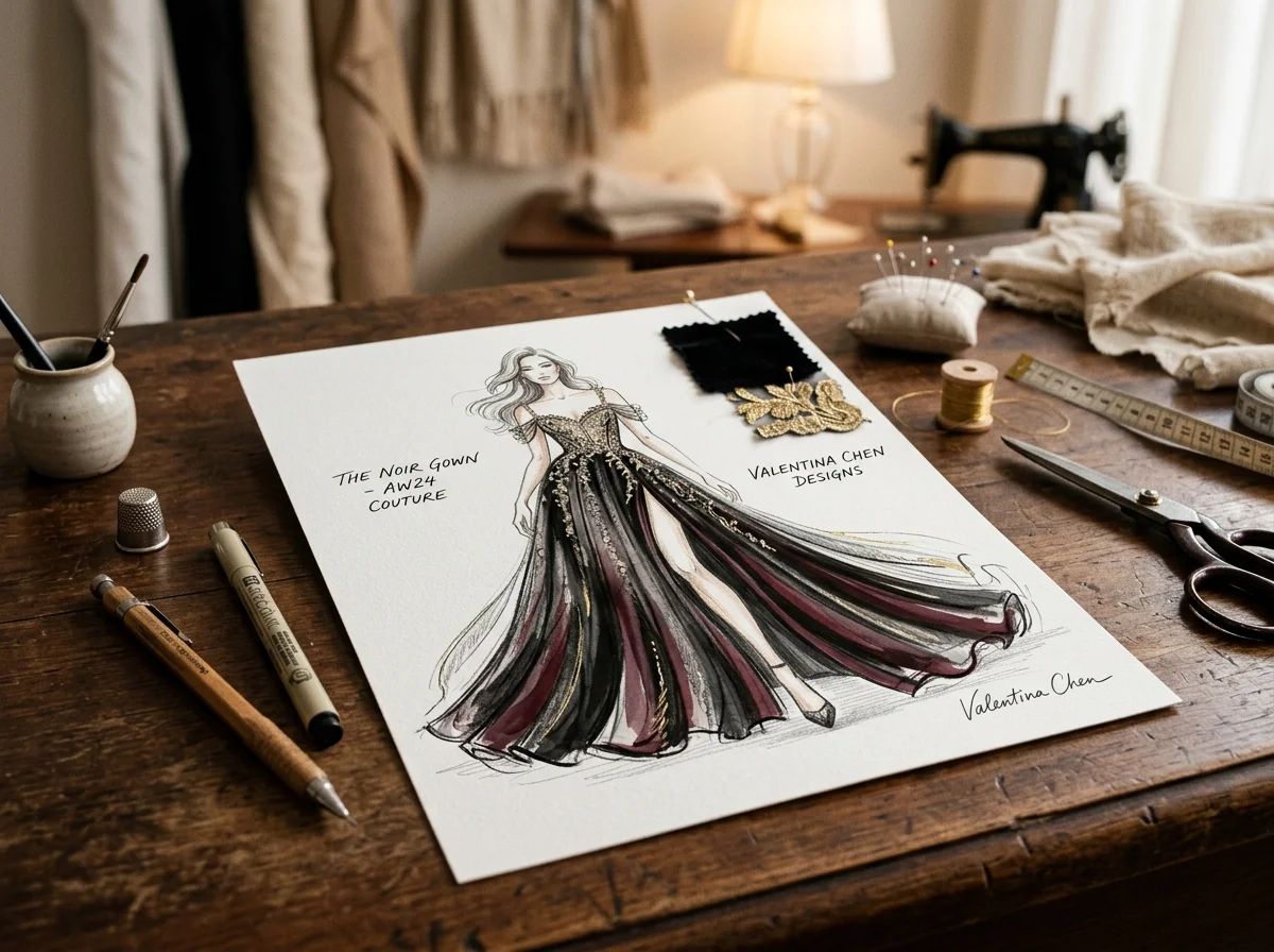 اسكتش وتصميم فستان سهرة يدوي